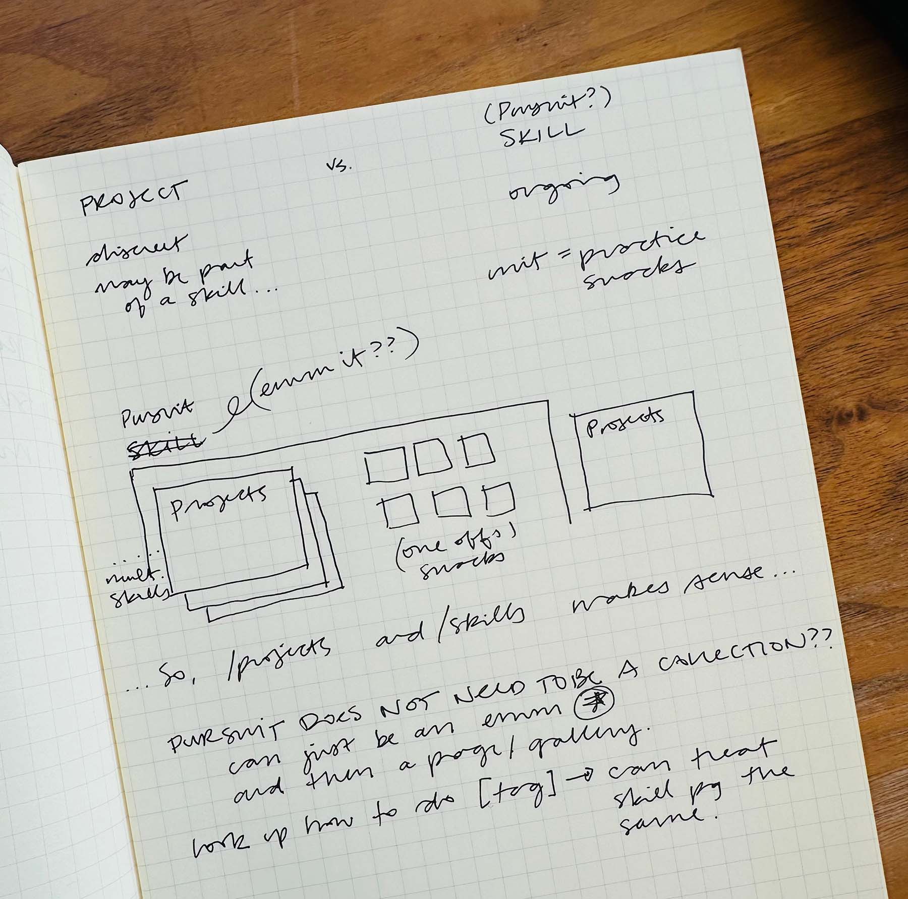 a page from my sketchbook diagramming the difference between a skill and a project.